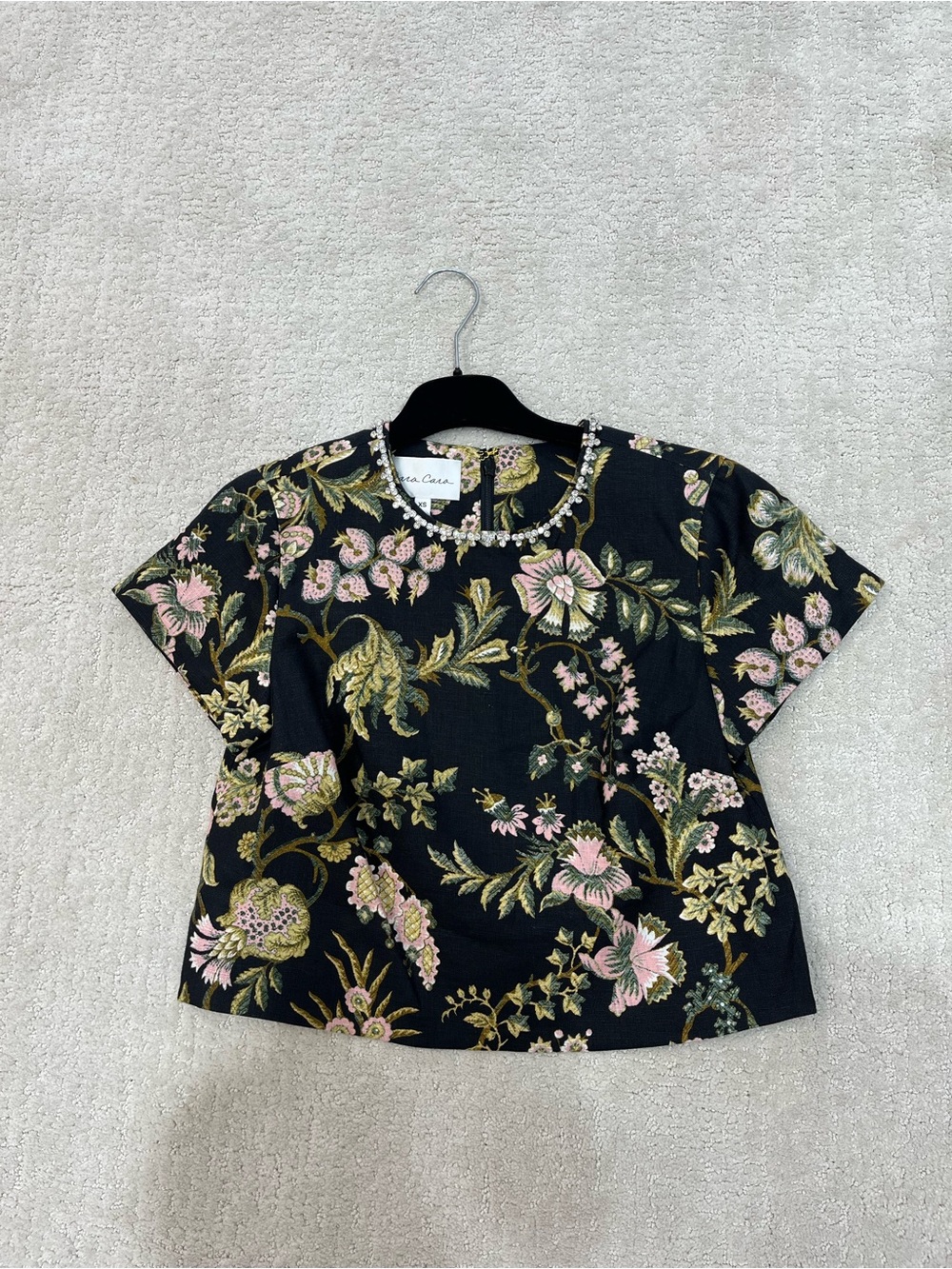 Ara Black Short-Sleeve Floral Embroidered Top with Beaded Neckline